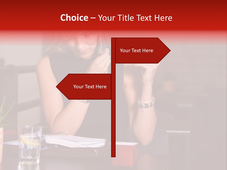 Pretty Blond Businesswoman Sitting In The Bar And Working PowerPoint Template