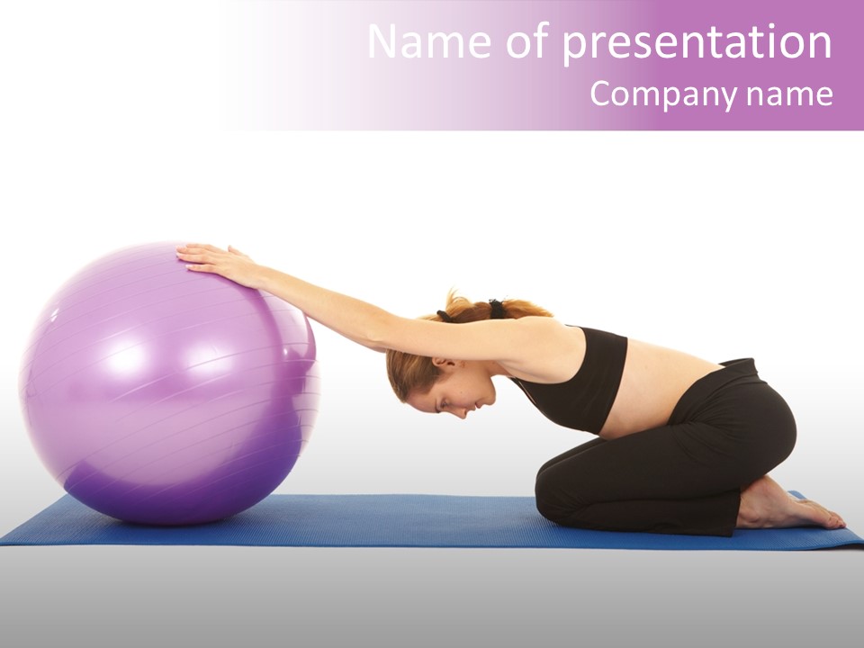 Fit Young Brunette Pilates Instructor Showing Different Exercises On A White Background With Basic Pilates Equipment Including A Ball And Yoga Mat. White Background, Not Isolated PowerPoint Template