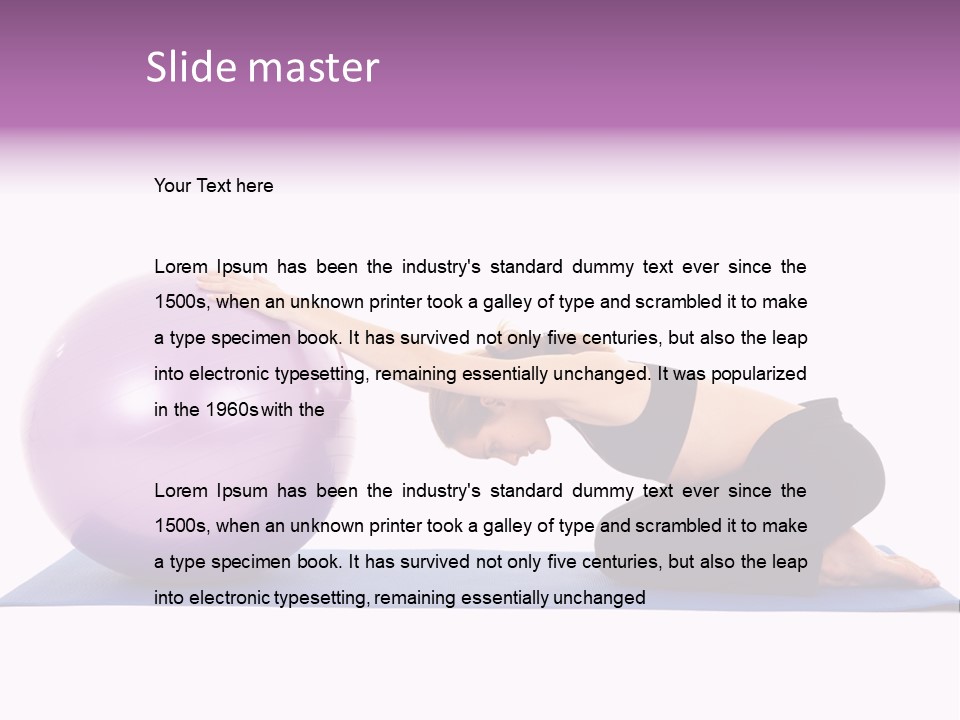 Fit Young Brunette Pilates Instructor Showing Different Exercises On A White Background With Basic Pilates Equipment Including A Ball And Yoga Mat. White Background, Not Isolated PowerPoint Template