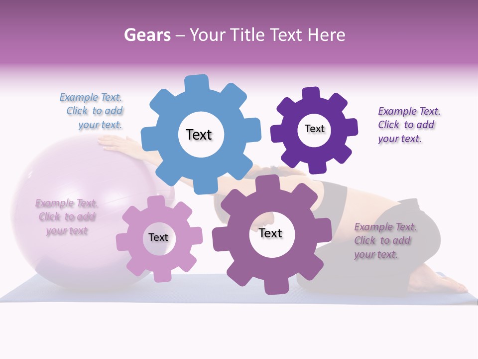 Fit Young Brunette Pilates Instructor Showing Different Exercises On A White Background With Basic Pilates Equipment Including A Ball And Yoga Mat. White Background, Not Isolated PowerPoint Template