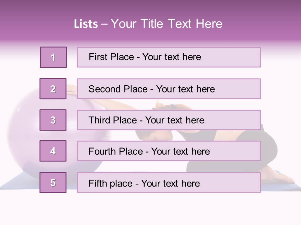 Fit Young Brunette Pilates Instructor Showing Different Exercises On A White Background With Basic Pilates Equipment Including A Ball And Yoga Mat. White Background, Not Isolated PowerPoint Template