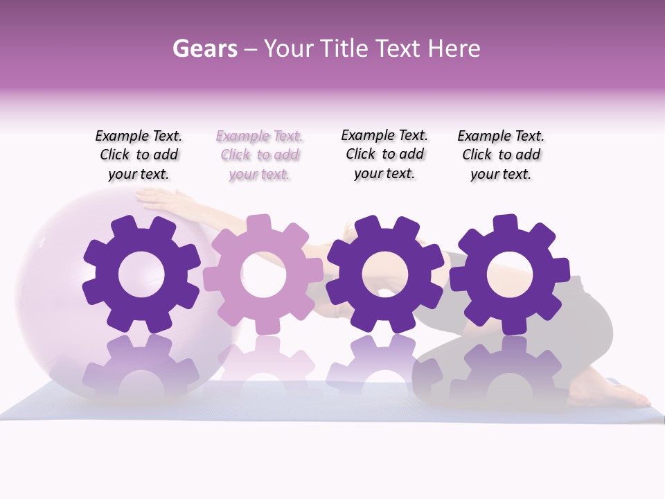 Fit Young Brunette Pilates Instructor Showing Different Exercises On A White Background With Basic Pilates Equipment Including A Ball And Yoga Mat. White Background, Not Isolated PowerPoint Template