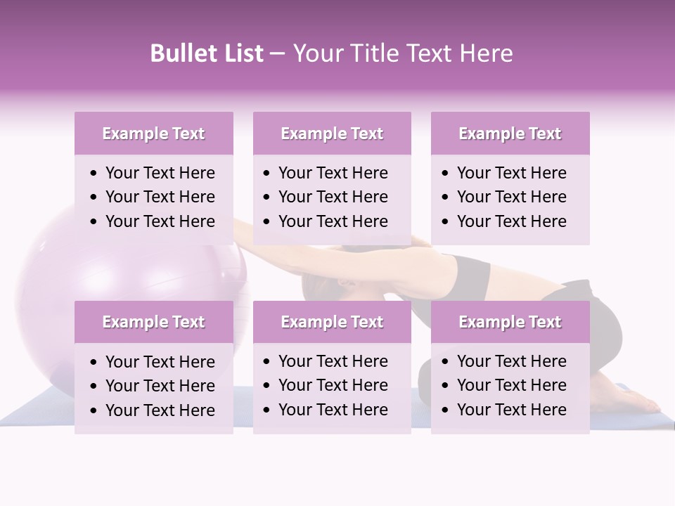 Fit Young Brunette Pilates Instructor Showing Different Exercises On A White Background With Basic Pilates Equipment Including A Ball And Yoga Mat. White Background, Not Isolated PowerPoint Template