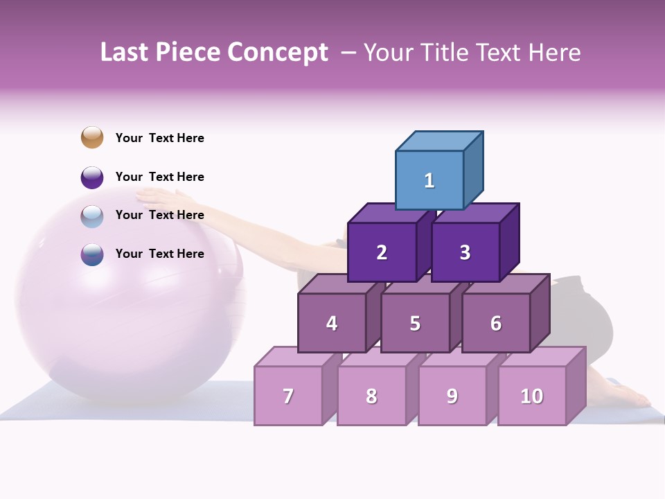 Fit Young Brunette Pilates Instructor Showing Different Exercises On A White Background With Basic Pilates Equipment Including A Ball And Yoga Mat. White Background, Not Isolated PowerPoint Template