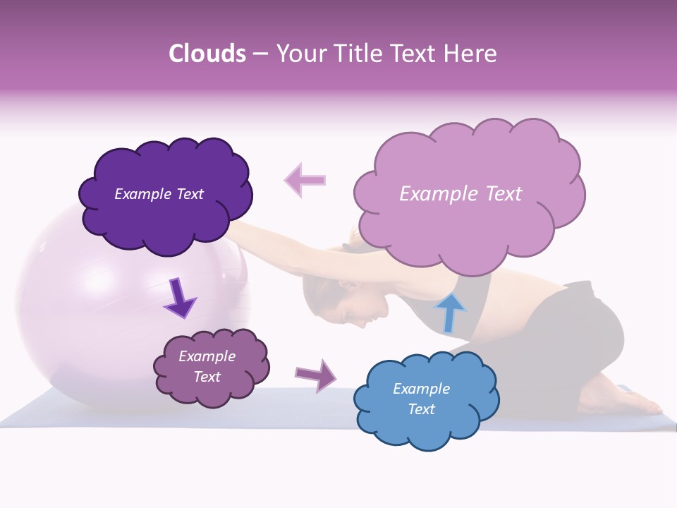 Fit Young Brunette Pilates Instructor Showing Different Exercises On A White Background With Basic Pilates Equipment Including A Ball And Yoga Mat. White Background, Not Isolated PowerPoint Template