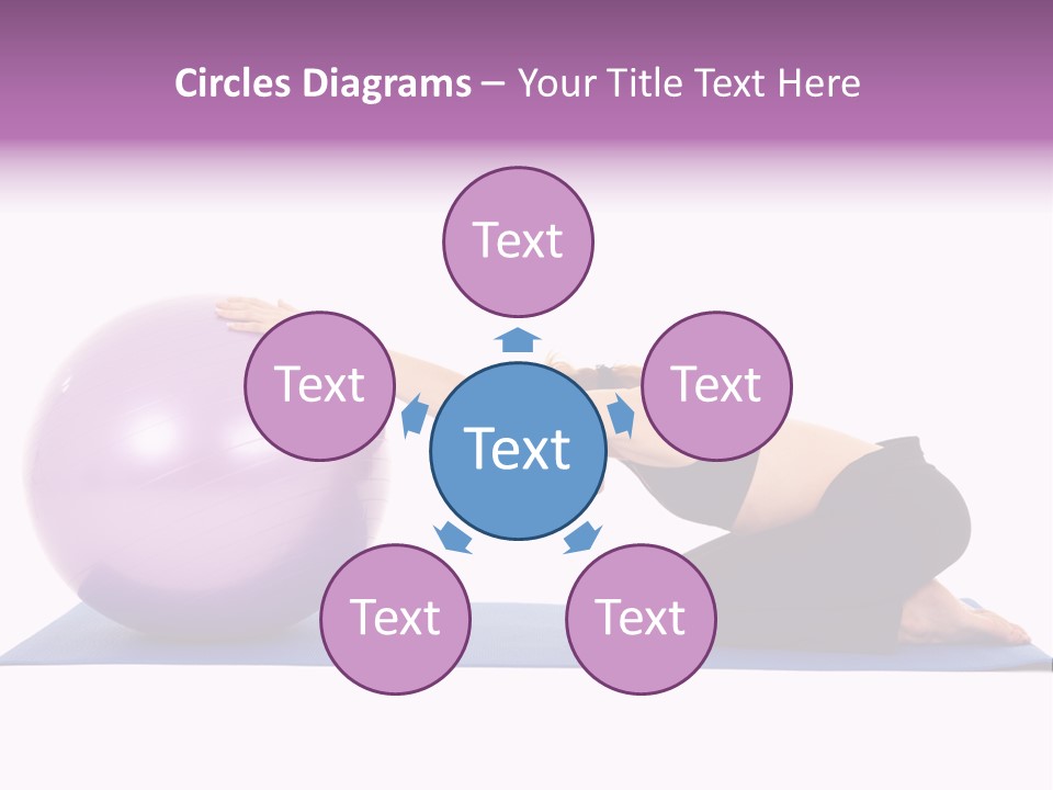 Fit Young Brunette Pilates Instructor Showing Different Exercises On A White Background With Basic Pilates Equipment Including A Ball And Yoga Mat. White Background, Not Isolated PowerPoint Template