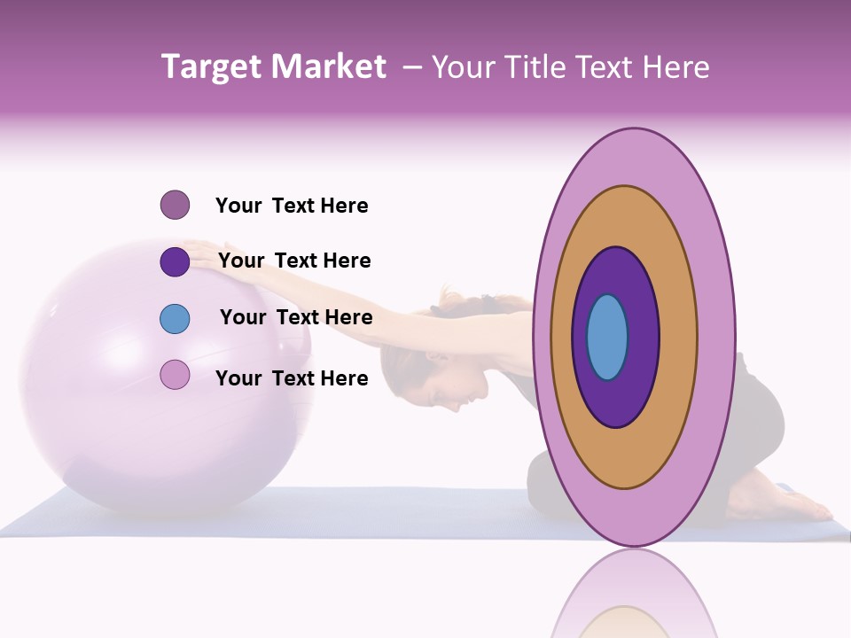 Fit Young Brunette Pilates Instructor Showing Different Exercises On A White Background With Basic Pilates Equipment Including A Ball And Yoga Mat. White Background, Not Isolated PowerPoint Template