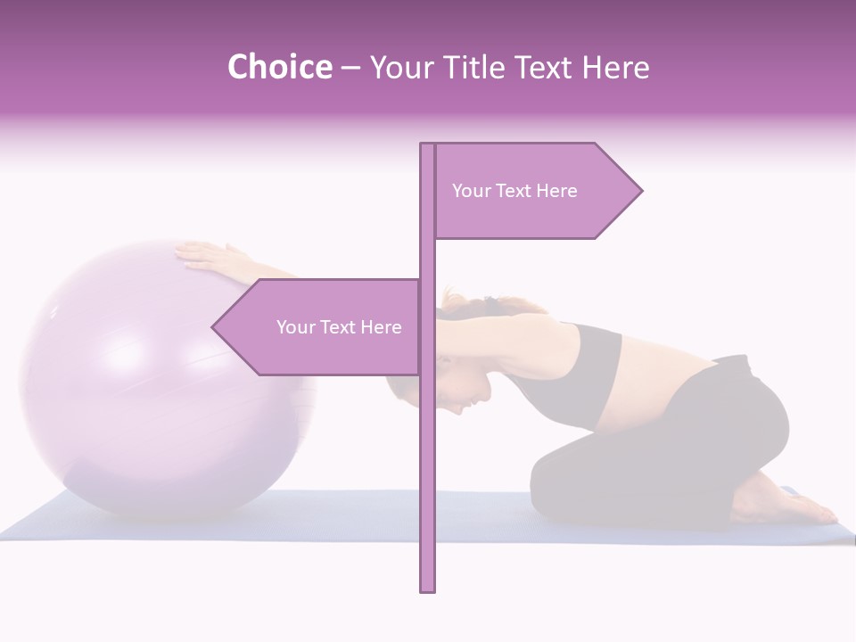 Fit Young Brunette Pilates Instructor Showing Different Exercises On A White Background With Basic Pilates Equipment Including A Ball And Yoga Mat. White Background, Not Isolated PowerPoint Template