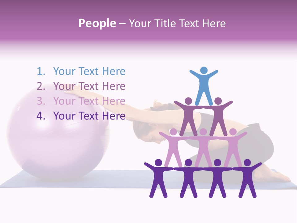 Fit Young Brunette Pilates Instructor Showing Different Exercises On A White Background With Basic Pilates Equipment Including A Ball And Yoga Mat. White Background, Not Isolated PowerPoint Template