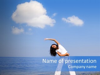 Young Beautiful Woman Doing Fitness Exercises In The Sea PowerPoint Template