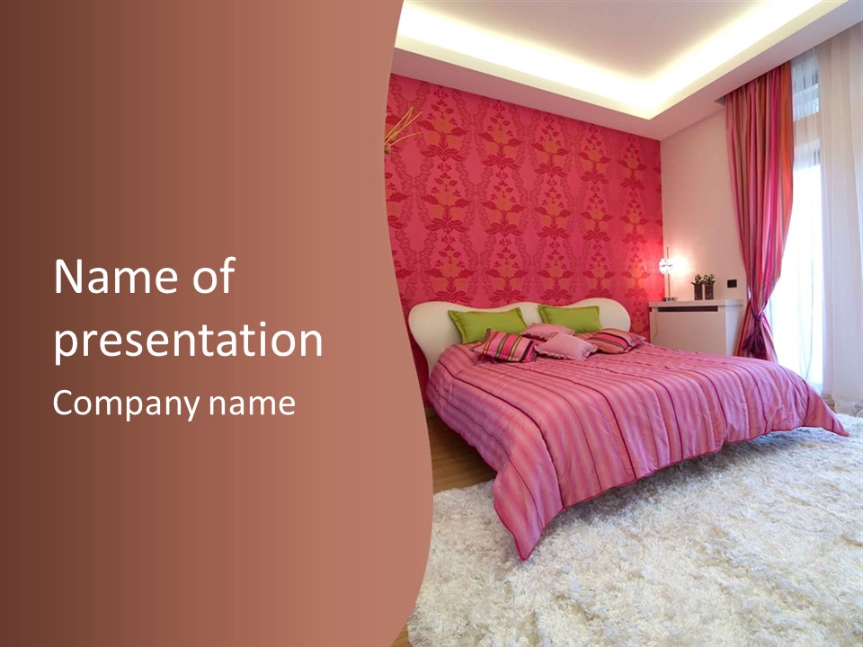 A Bedroom With A Bed And A Pink Wall PowerPoint Template