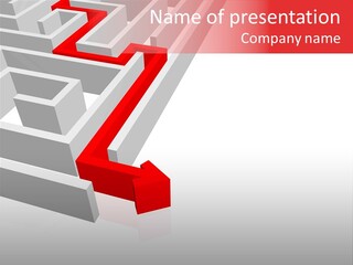 Red Arrow Leaving Gray Maze Against White Background PowerPoint Template