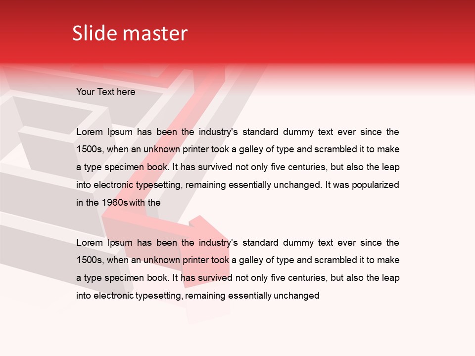 Red Arrow Leaving Gray Maze Against White Background PowerPoint Template