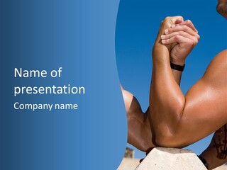 Two Muscle Arms Under The Blue Sky PowerPoint Template