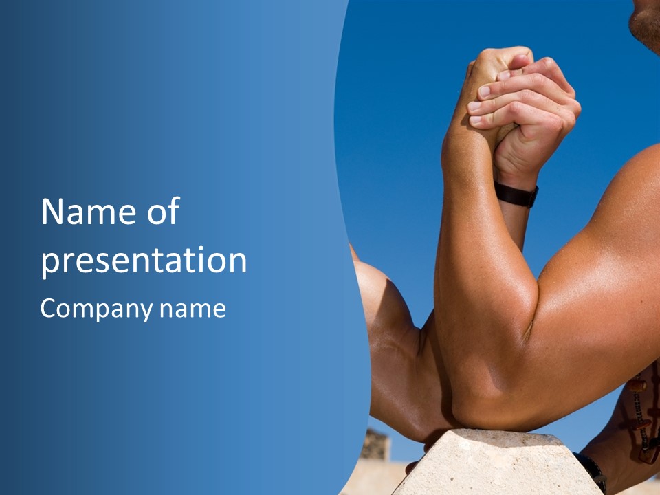 Two Muscle Arms Under The Blue Sky PowerPoint Template