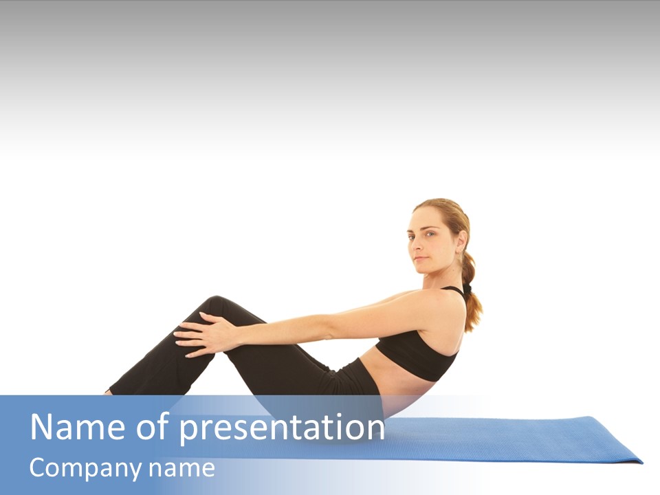 Fit Young Brunette Pilates Instructor Showing Different Exercises On A White Background A Blue Yoga Mat. White Background Not Isolated PowerPoint Template