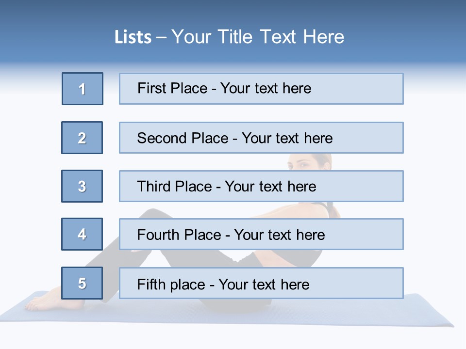 Fit Young Brunette Pilates Instructor Showing Different Exercises On A White Background A Blue Yoga Mat. White Background Not Isolated PowerPoint Template