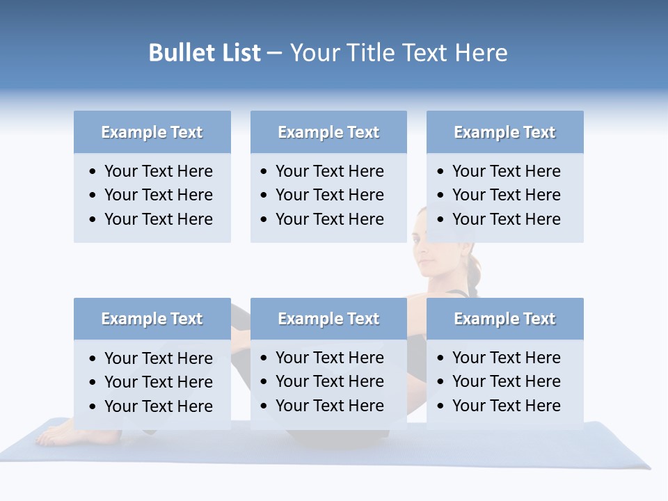 Fit Young Brunette Pilates Instructor Showing Different Exercises On A White Background A Blue Yoga Mat. White Background Not Isolated PowerPoint Template