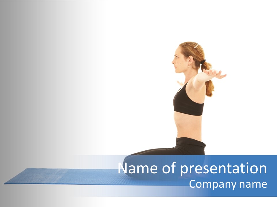 Fit Young Brunette Pilates Instructor Showing Different Exercises On A White Background A Blue Yoga Mat. White Background Not Isolated PowerPoint Template