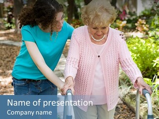 Senior Woman Struggles To Walk With The Help Of A Walker And Her Young Granddaughter. PowerPoint Template