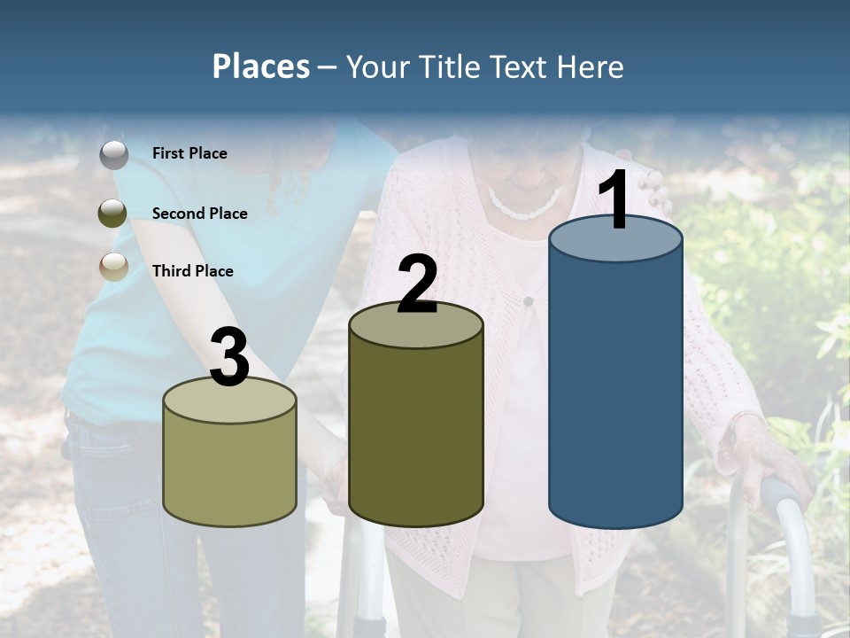 Senior Woman Struggles To Walk With The Help Of A Walker And Her Young Granddaughter. PowerPoint Template