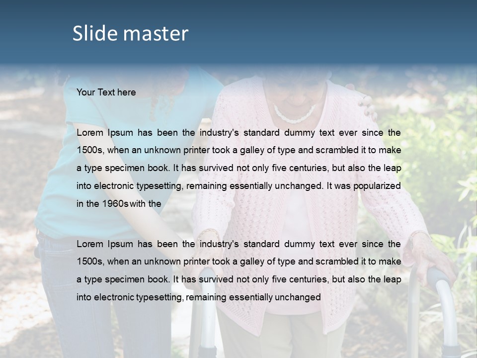 Senior Woman Struggles To Walk With The Help Of A Walker And Her Young Granddaughter. PowerPoint Template