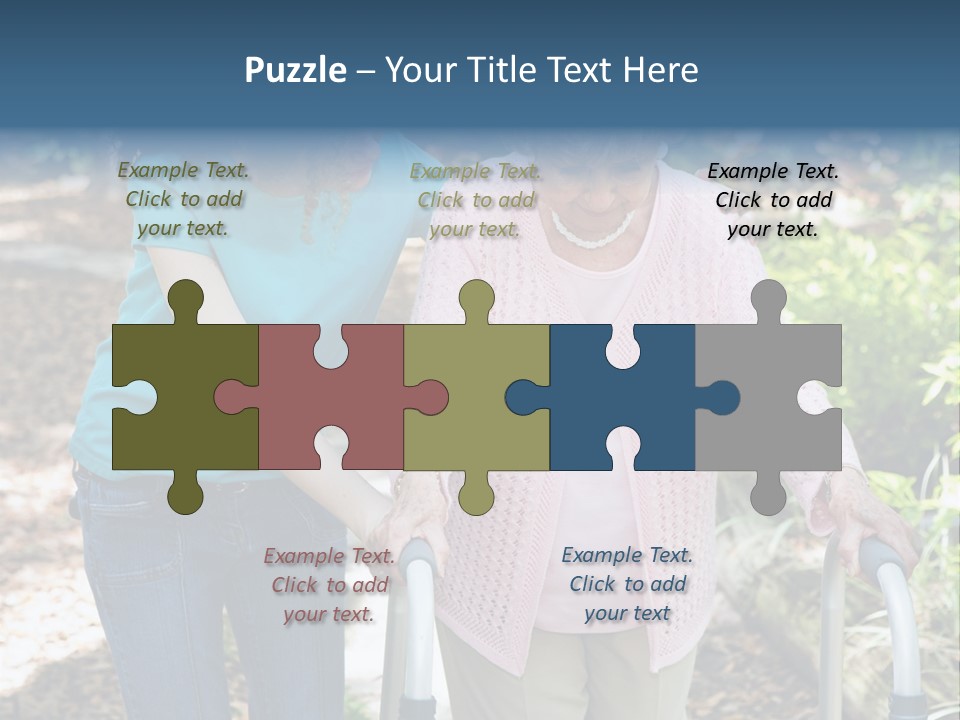 Senior Woman Struggles To Walk With The Help Of A Walker And Her Young Granddaughter. PowerPoint Template