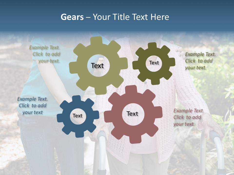 Senior Woman Struggles To Walk With The Help Of A Walker And Her Young Granddaughter. PowerPoint Template