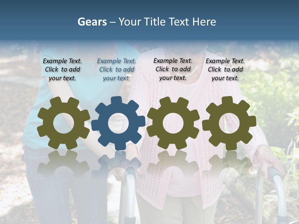 Senior Woman Struggles To Walk With The Help Of A Walker And Her Young Granddaughter. PowerPoint Template