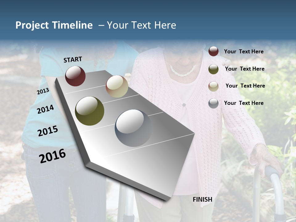 Senior Woman Struggles To Walk With The Help Of A Walker And Her Young Granddaughter. PowerPoint Template