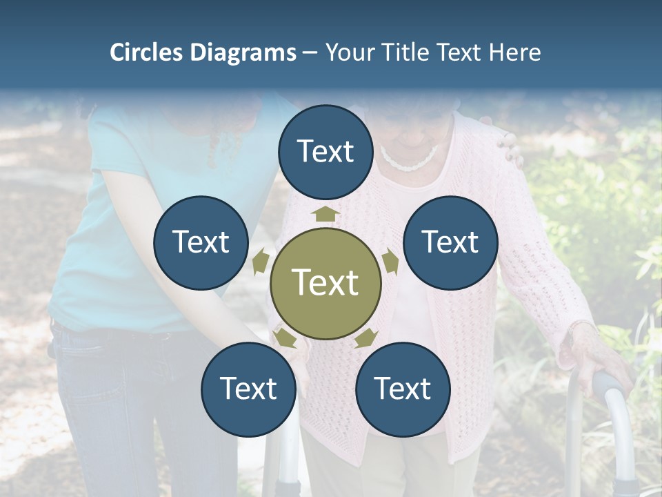 Senior Woman Struggles To Walk With The Help Of A Walker And Her Young Granddaughter. PowerPoint Template