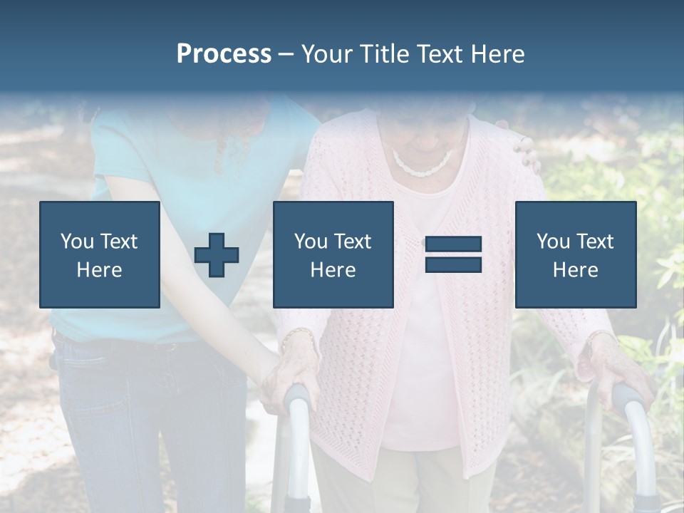 Senior Woman Struggles To Walk With The Help Of A Walker And Her Young Granddaughter. PowerPoint Template