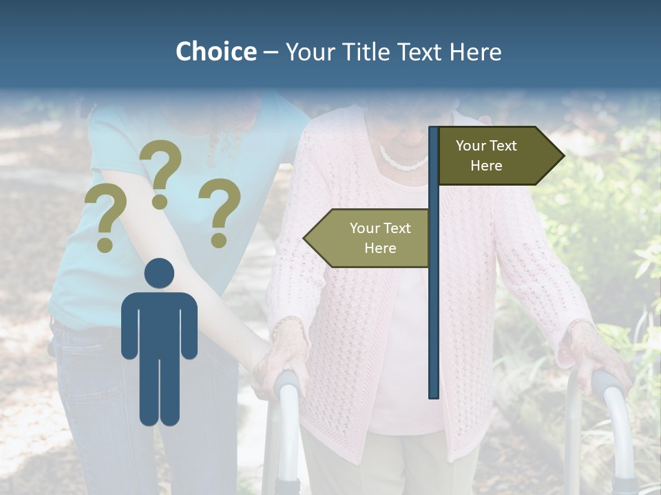 Senior Woman Struggles To Walk With The Help Of A Walker And Her Young Granddaughter. PowerPoint Template