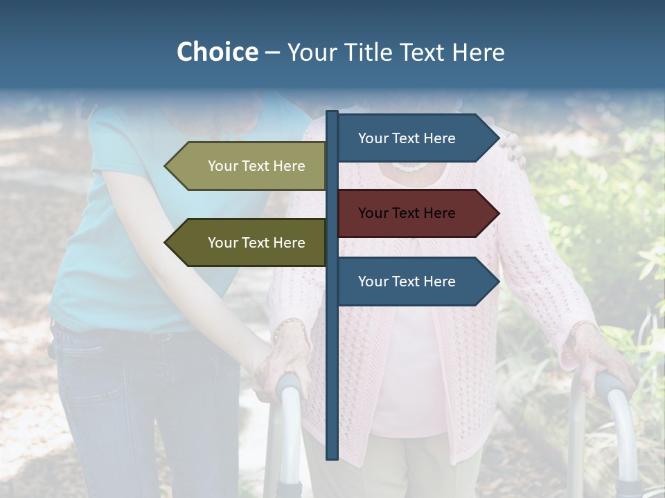 Senior Woman Struggles To Walk With The Help Of A Walker And Her Young Granddaughter. PowerPoint Template
