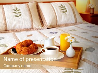 Tray With Breakfast On A Bed In A Hotel Room PowerPoint Template