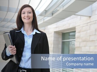 A Pretty Business Woman Talking On The Phone At Office Building PowerPoint Template