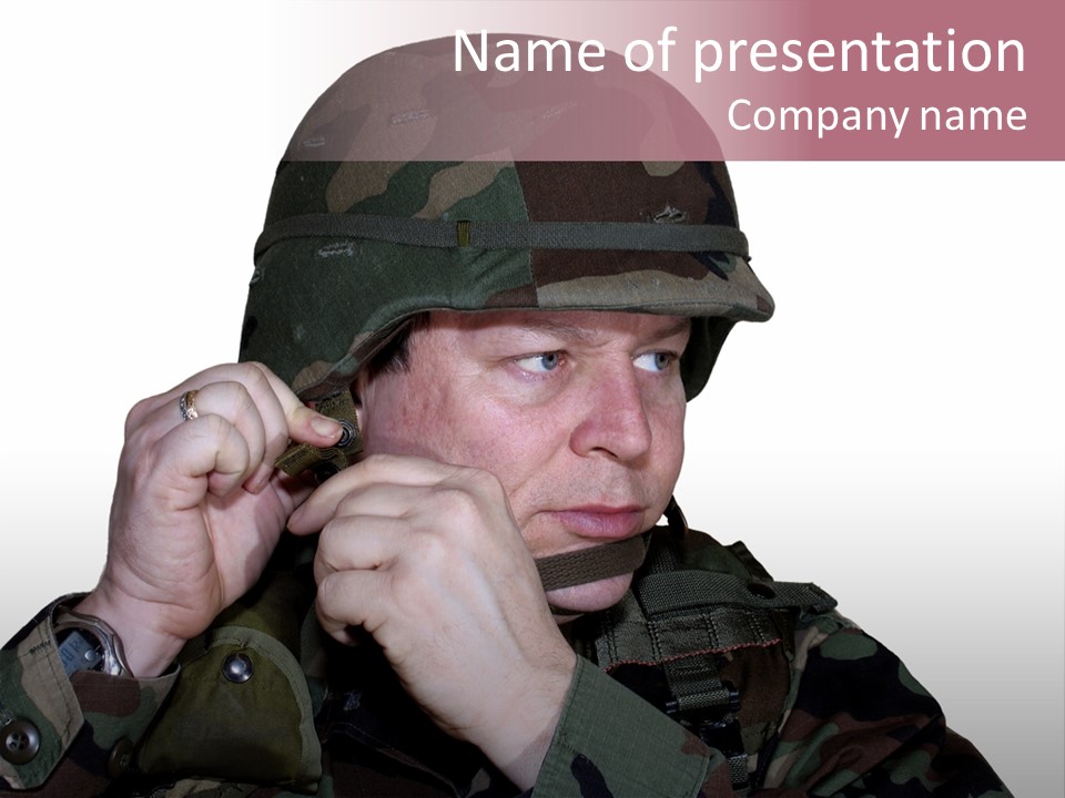 A Man In A Military Uniform Is Holding His Hand To His Ear PowerPoint Template