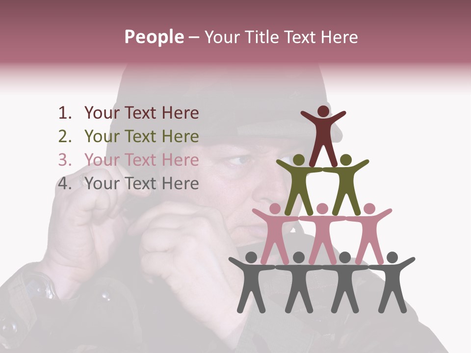 A Man In A Military Uniform Is Holding His Hand To His Ear PowerPoint Template