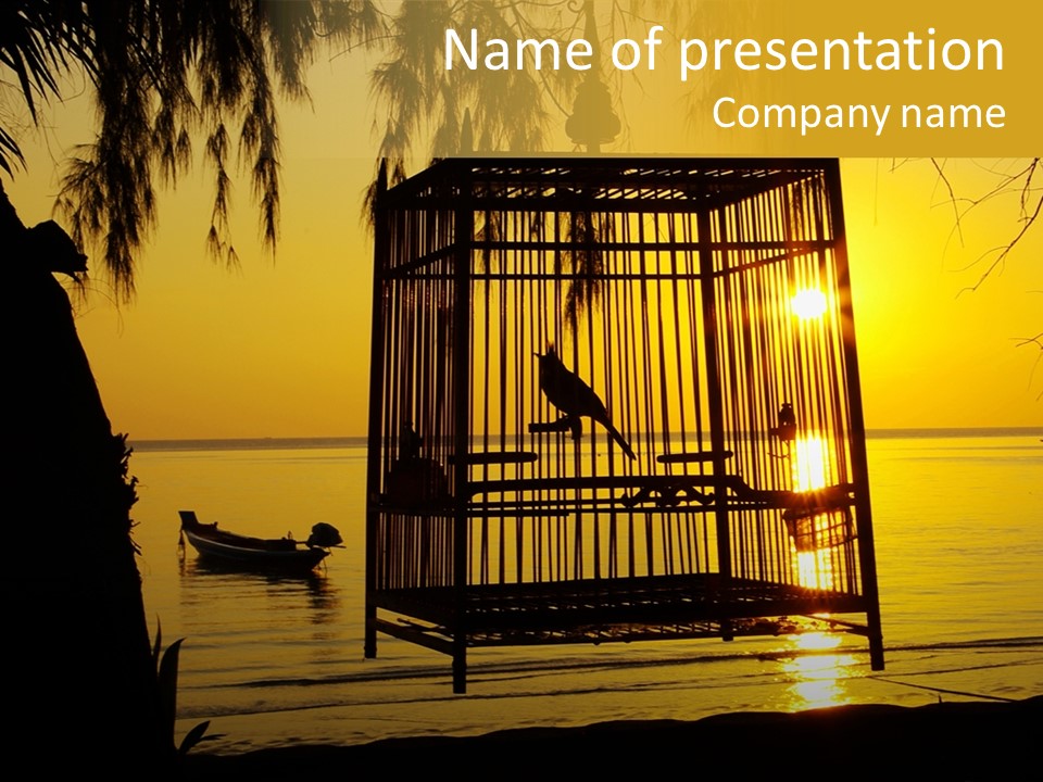 Bird In A Cage On Seacoast While Sunset. PowerPoint Template