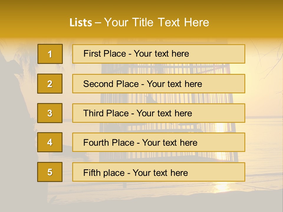 Bird In A Cage On Seacoast While Sunset. PowerPoint Template