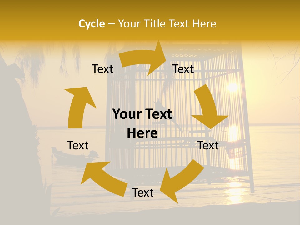 Bird In A Cage On Seacoast While Sunset. PowerPoint Template