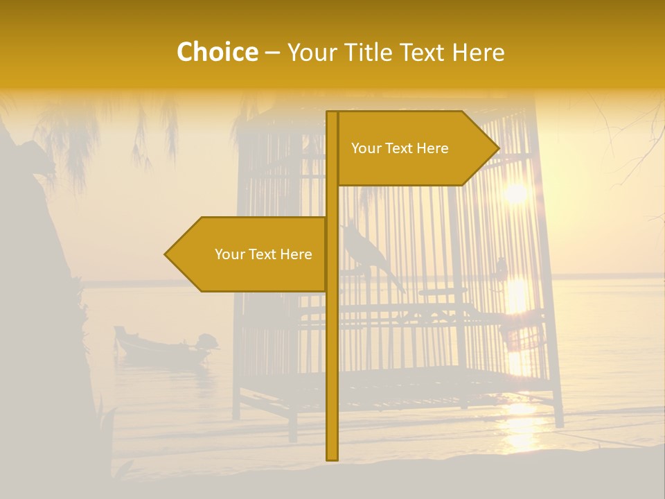 Bird In A Cage On Seacoast While Sunset. PowerPoint Template