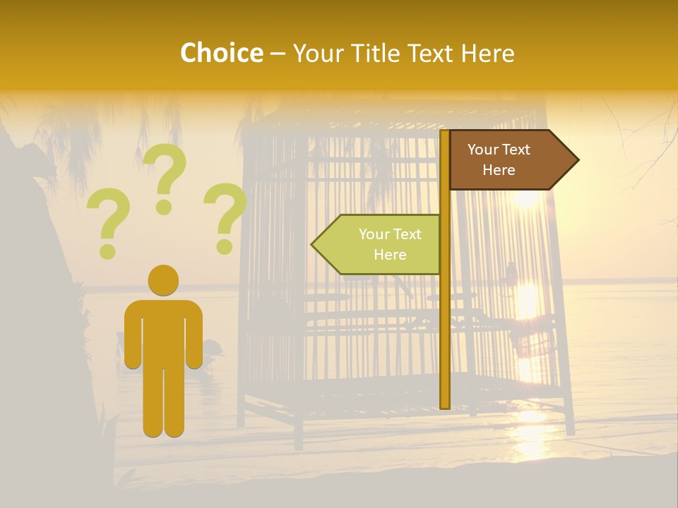 Bird In A Cage On Seacoast While Sunset. PowerPoint Template