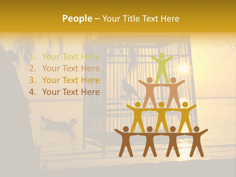 Bird In A Cage On Seacoast While Sunset. PowerPoint Template