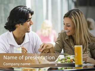 Couple Enjoying Lunch Sitting At Cafe Table PowerPoint Template