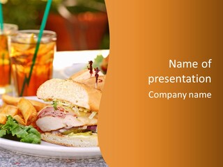 Grilled Chicken Cordon Bleu With Ham Sandwich At An Outdoor Cafe PowerPoint Template