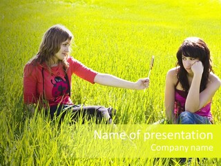 Blond Young Woman Offering Candy To Her Friend. PowerPoint Template