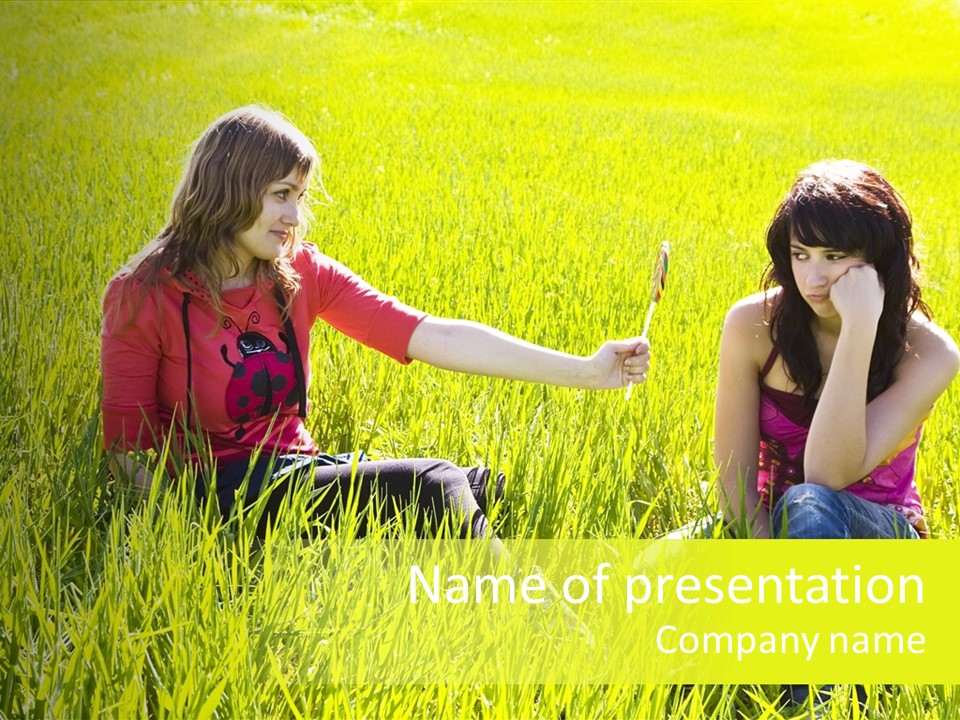 Blond Young Woman Offering Candy To Her Friend. PowerPoint Template