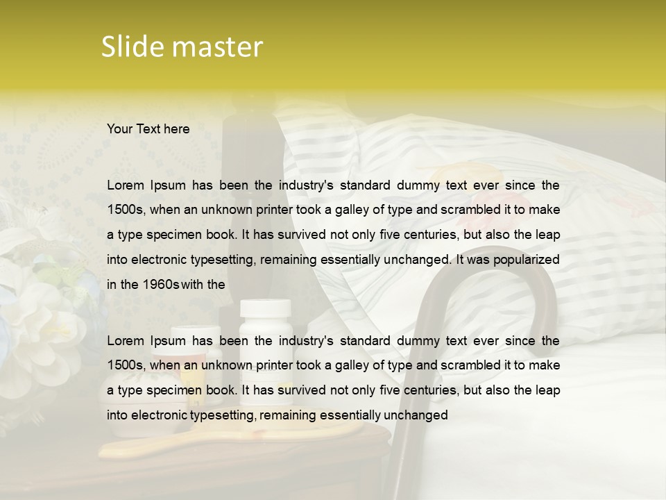 Medicine Bottles And A Cane Against A Bed For An Elderly Person PowerPoint Template