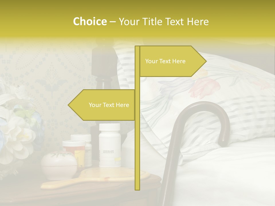 Medicine Bottles And A Cane Against A Bed For An Elderly Person PowerPoint Template